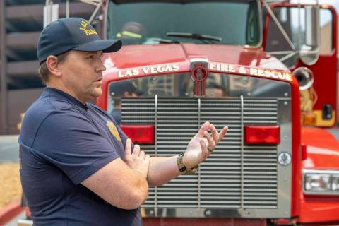 Las Vegas firefighter Eric Moon is ready to resupply trucks out working on the Caldor Fire line ...