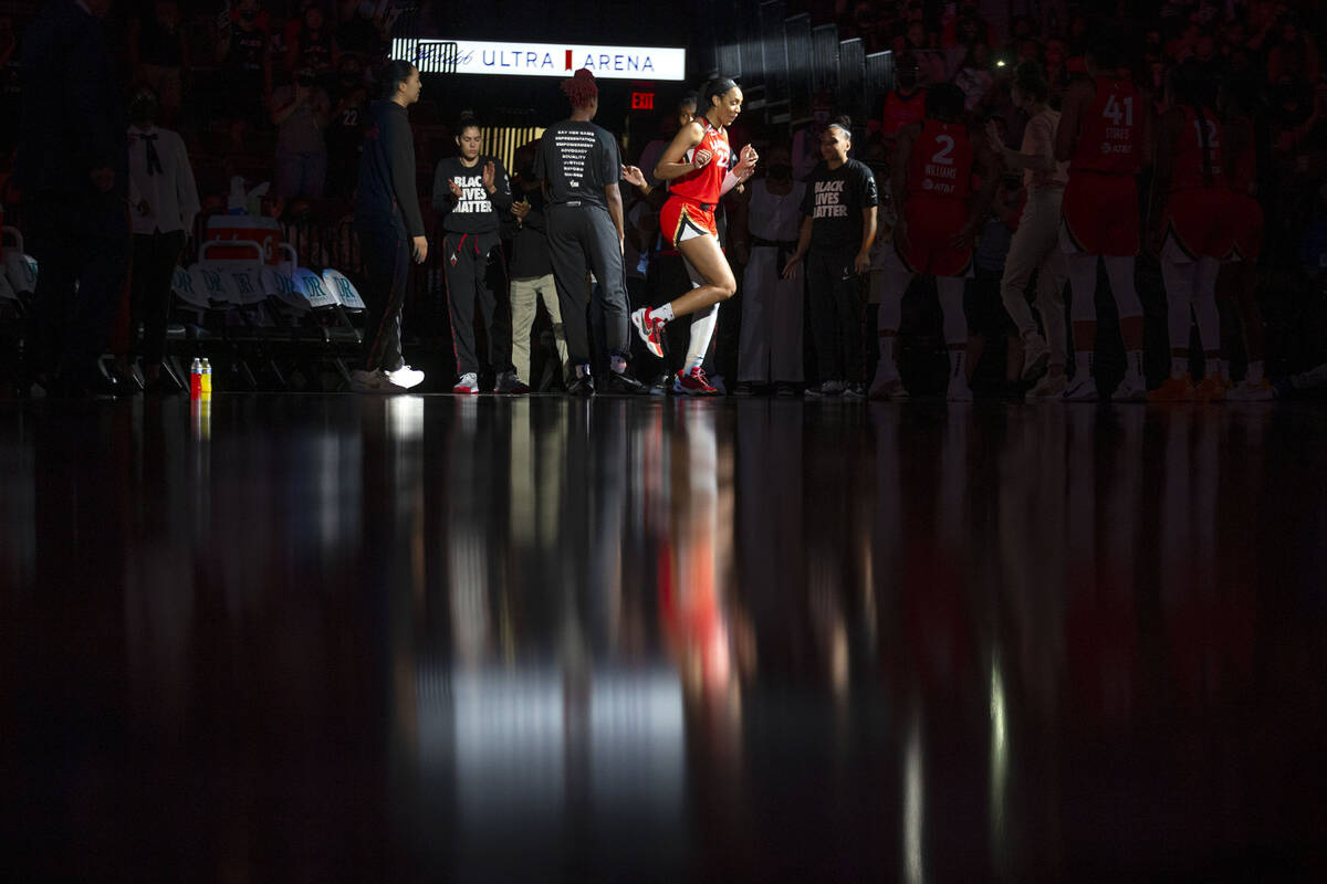 Las Vegas Aces forward A'ja Wilson (22) dances as the starting lineup is announced before an WN ...