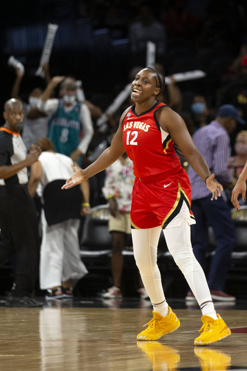 Las Vegas Aces guard Chelsea Gray (12) celebrates a three-pointer during the second half of a W ...