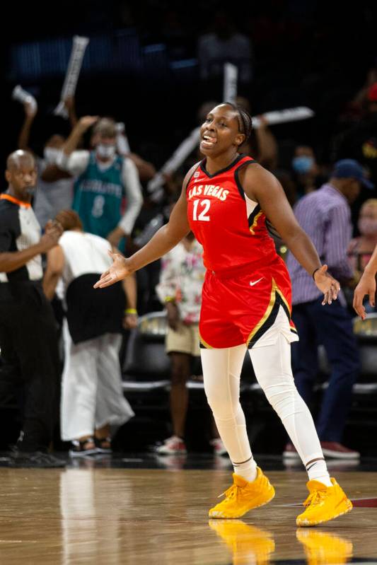 Las Vegas Aces guard Chelsea Gray (12) celebrates a three-pointer during the second half of a W ...