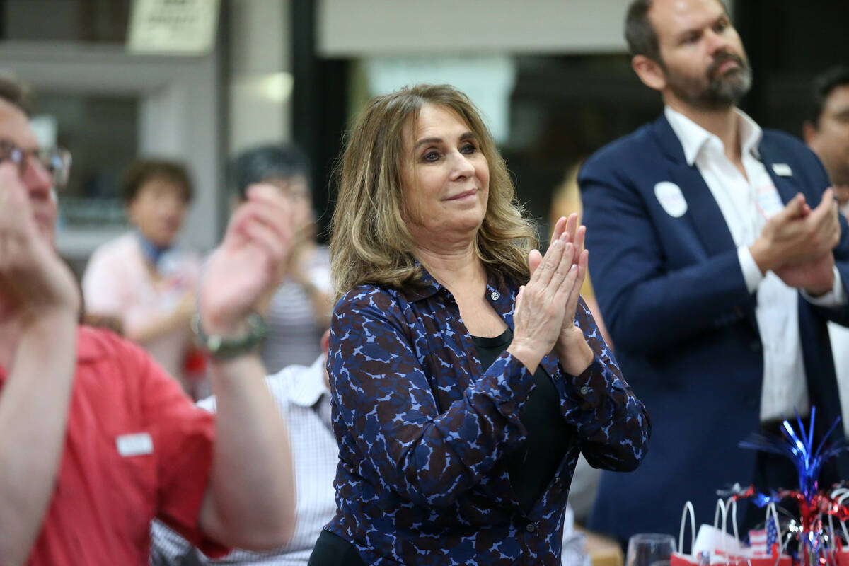 Las Vegas Councilwoman Victoria Seaman claps during a Republican National Convention watch part ...