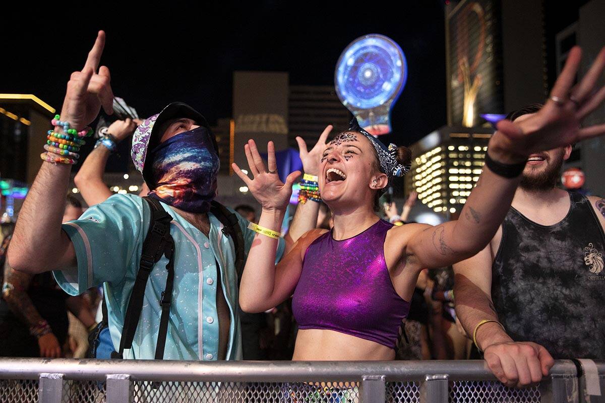Chase Edwards, left, and Mads Farmer, dance to Kaivon's set during the Lost in Dreams music fes ...