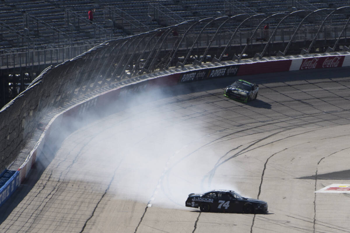 Carson Ware gets sideways as he comes out of Turn 4 in a NASCAR Xfinity Series auto race Saturd ...