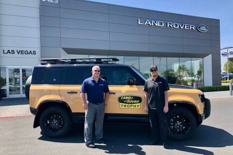 Jaguar Land Rover Las Vegas sales manager Kevin Kesick, left, and shop foreman Rick Marshall ar ...
