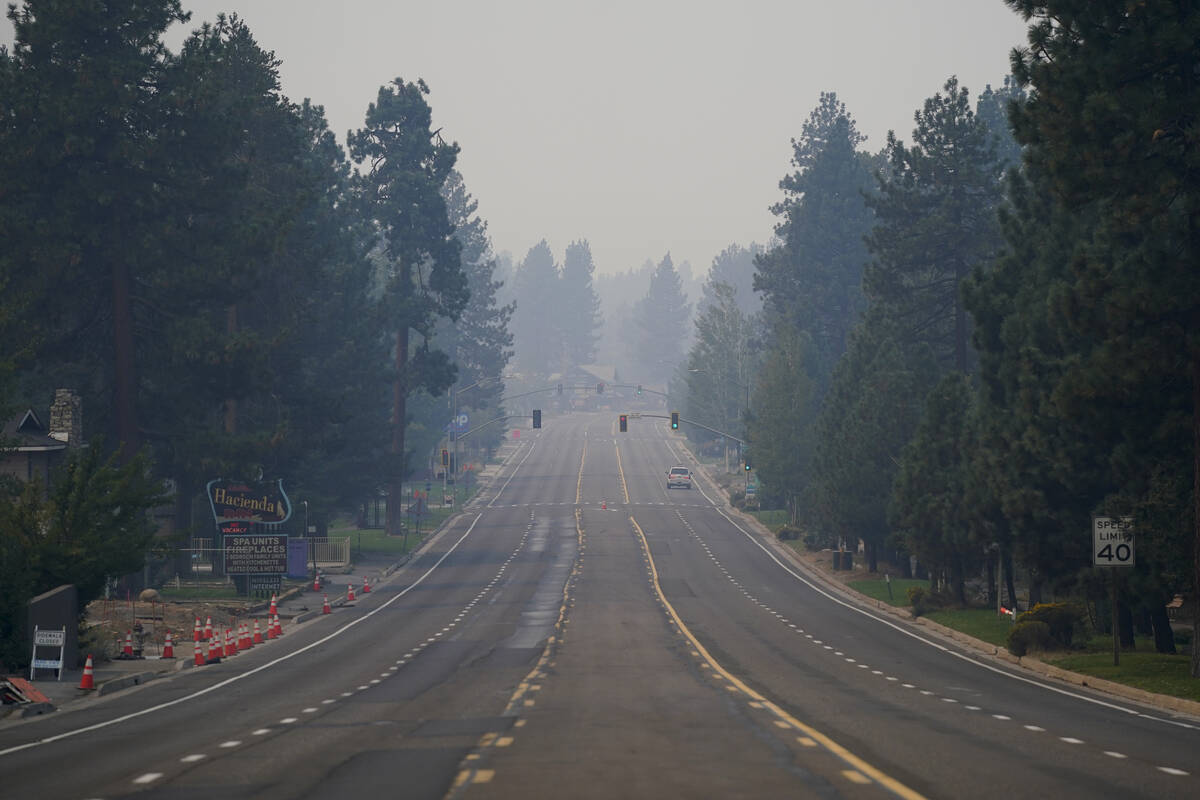 In this Thursday, Sept. 2, 2021, file photo, a truck drives along Highway 50 in South Lake Taho ...
