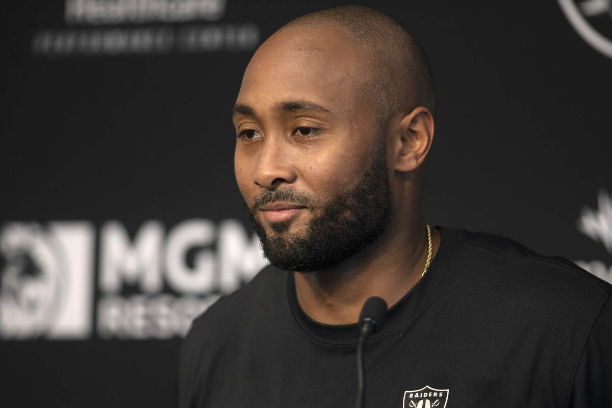 Raiders linebacker KJ Wright answers questions from the media at the Raiders Headquarters at th ...