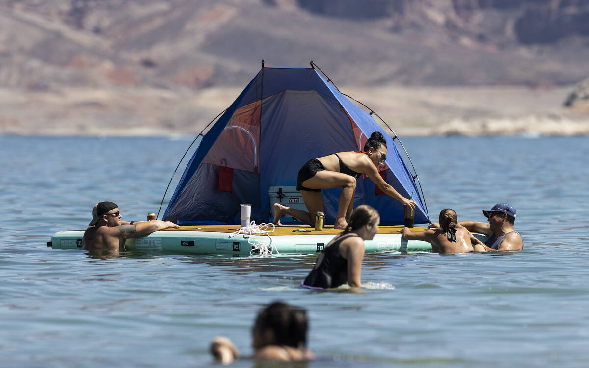 People try and stay cool in Lake Mead on Labor Day on Monday, Sept. 6, 2021, in Boulder City. ( ...