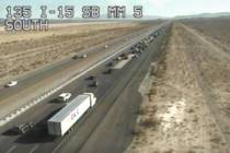 Southbound Interstate 15 traffic builds at mile marker 5 north of Primm on Monday, Sept. 6, 202 ...