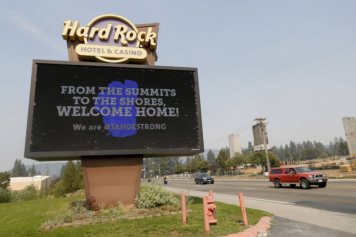 A welcome home sign is seen at the Hard Rock Hotel & Casino Highway 50 near Stateline, Nev. ...