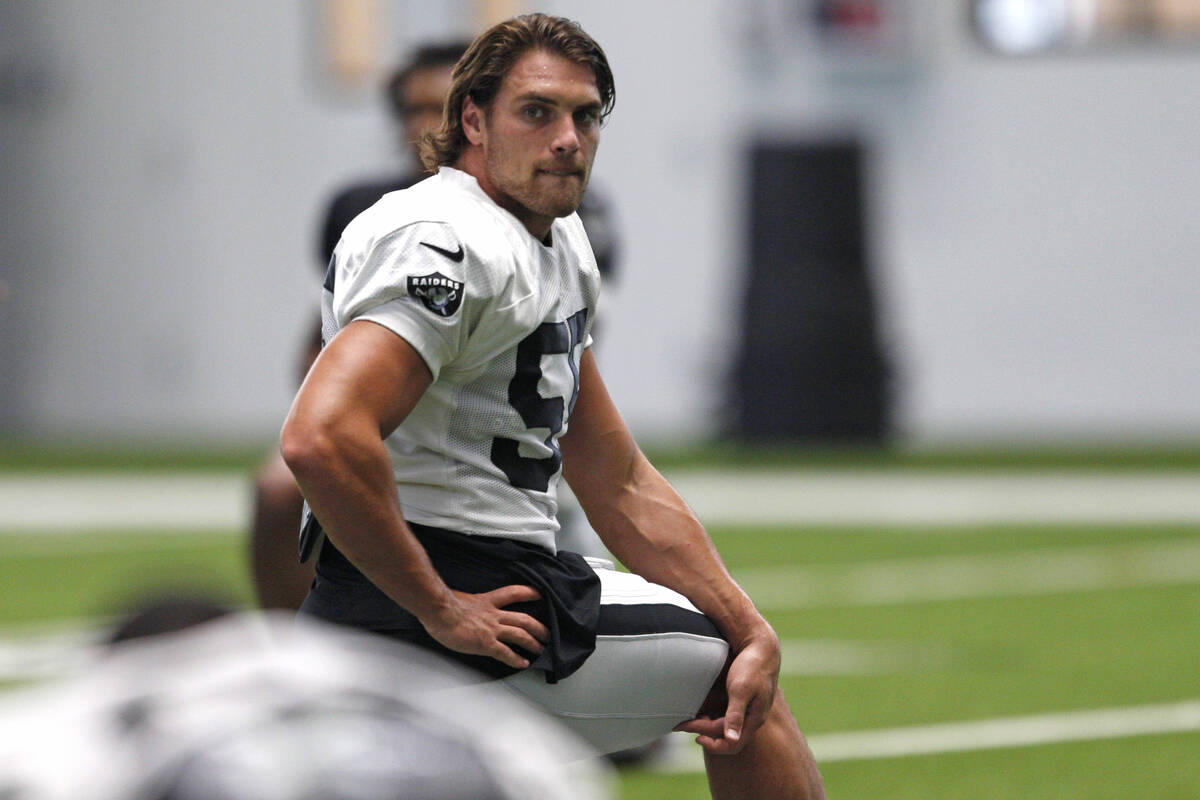 Raiders linebacker Tanner Muse (55) stretches during team practice at the Raiders Headquarters ...