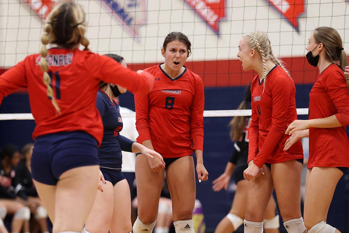 Coronado's Ashli Dean (8) reacts after a score against Liberty in a girls volleyball game at Co ...
