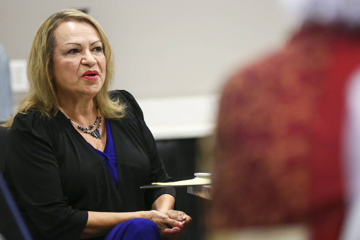 Linda Cavazos, of Clark County School Board District G, speaks during a panel of candidates run ...