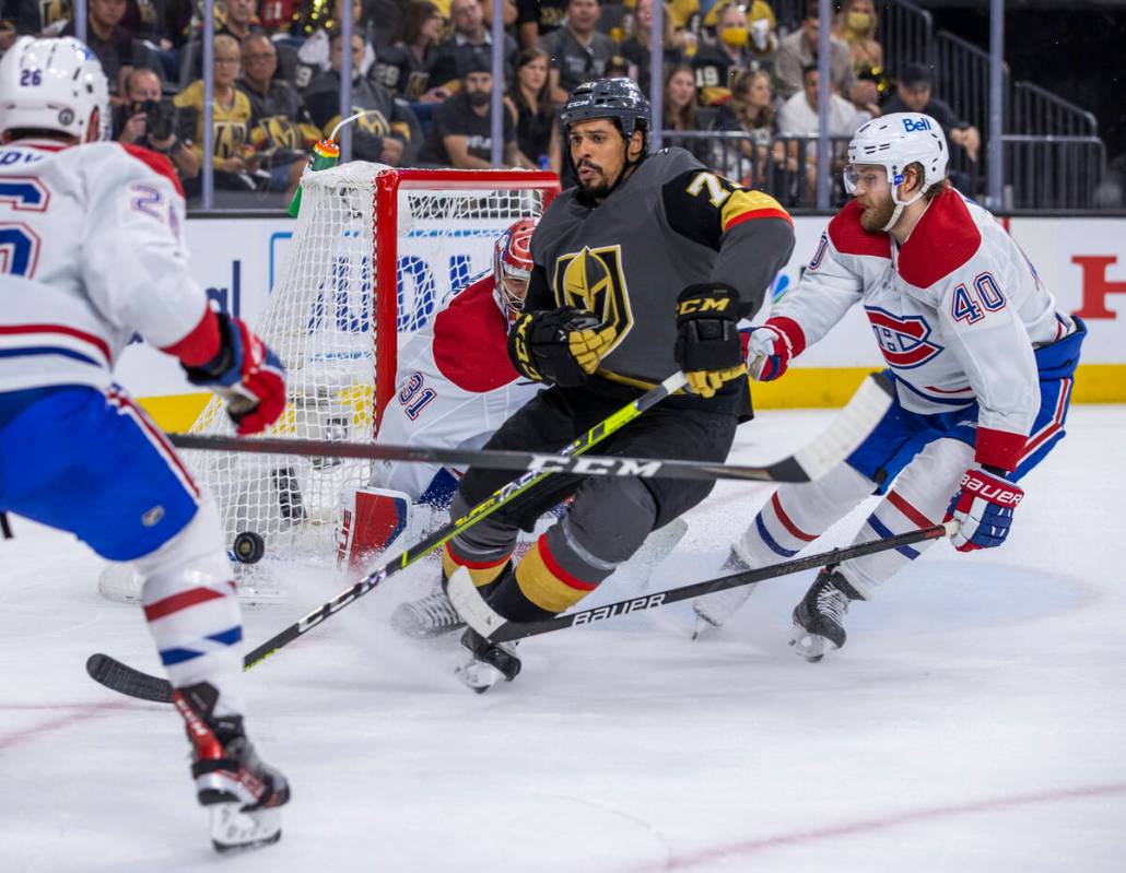 Golden Knights right wing Ryan Reaves (75) is late to the net for a shot versus Montreal Canadi ...