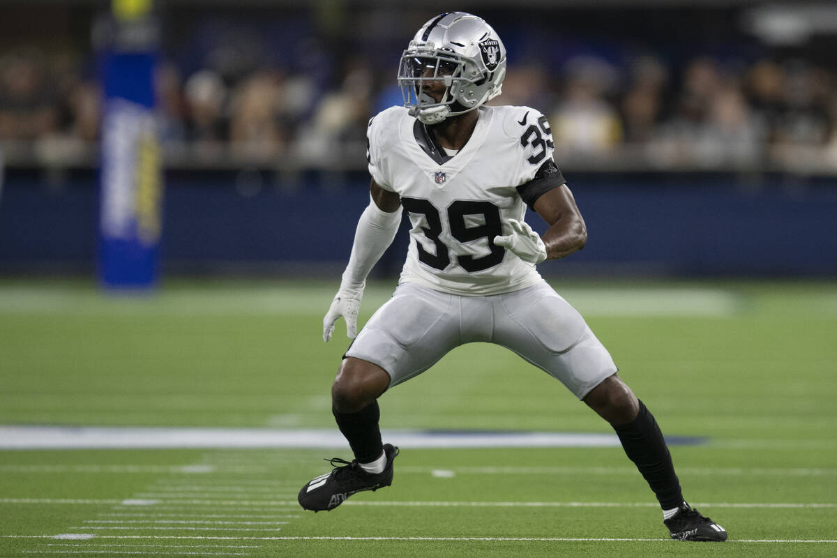 Las Vegas Raiders cornerback Nate Hobbs (39) during an NFL preseason football game against the ...
