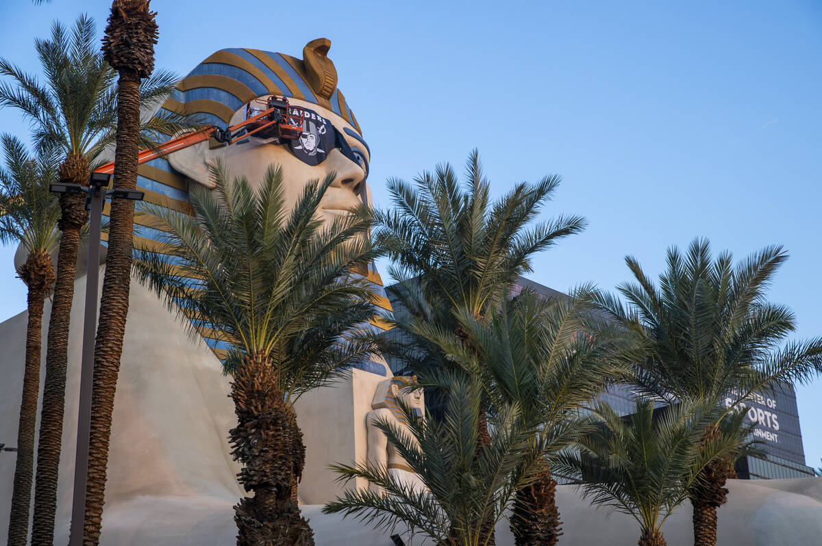 A team from Access Solutions hangs a Raiders eye patch on the Great Sphinx of Giza replica outs ...