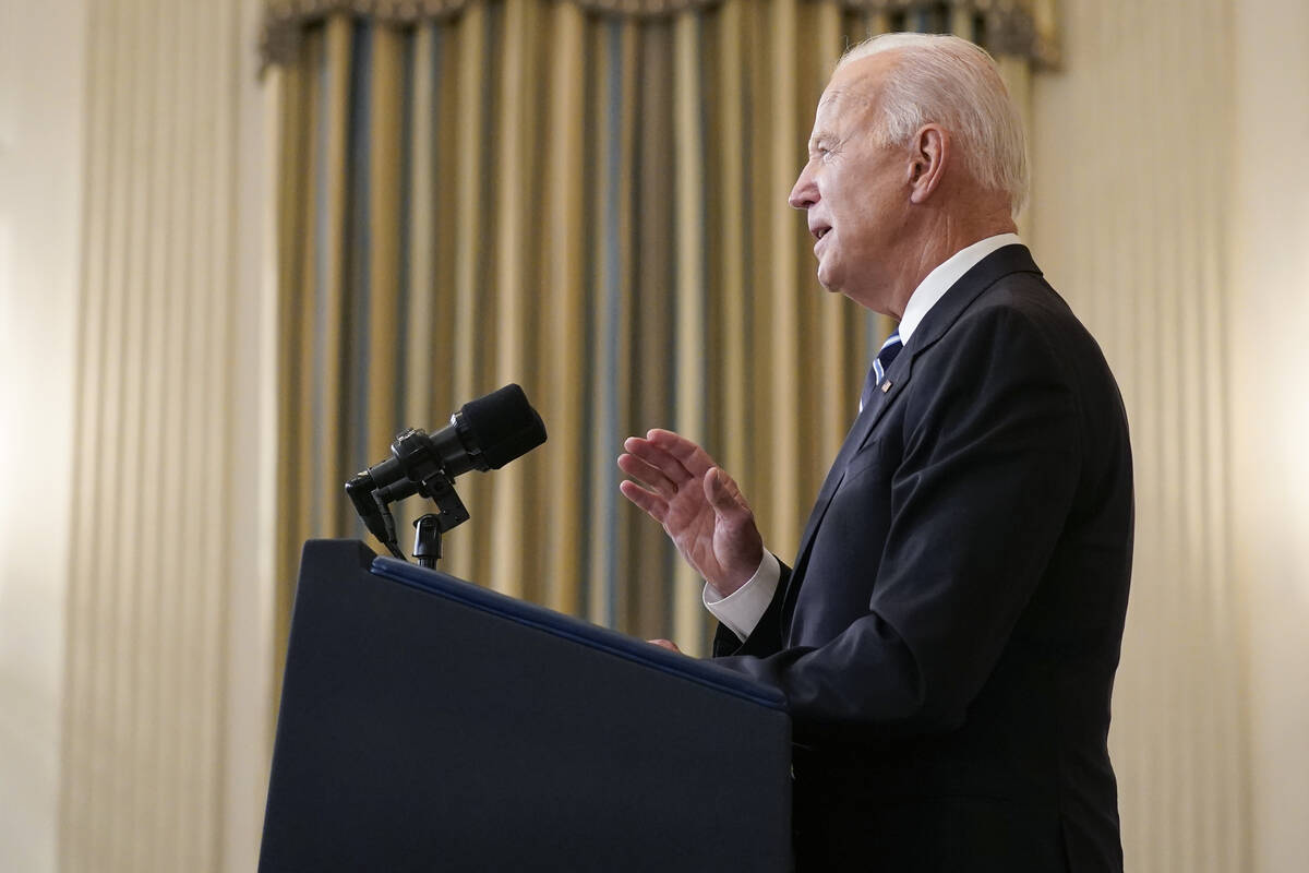 President Joe Biden speaks in the State Dining Room at the White House, Thursday, Sept. 9, 2021 ...