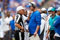 Indianapolis Colts head coach Frank Reich talks with referee John Hussey during the second half ...