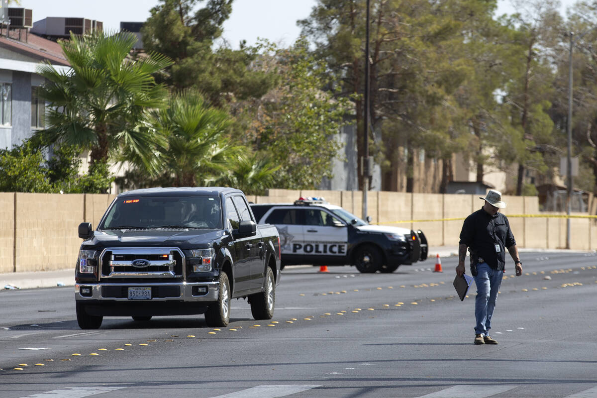 Las Vegas police respond to the scene of a fatal car accident at the intersection of West Flami ...