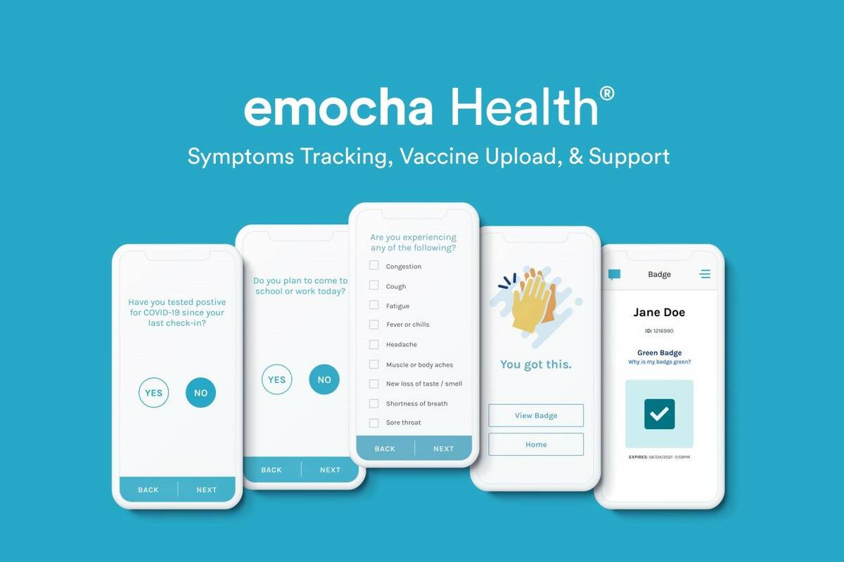 This image from emocha Health shows how employees use a COVID-19 screening tool on their mobile ...