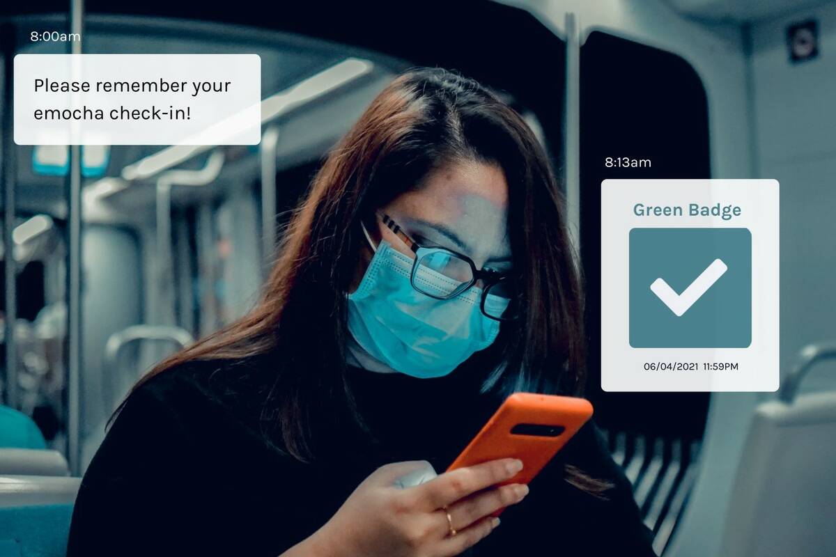 This image from emocha Health shows how employees use a COVID-19 screening tool on their mobile ...