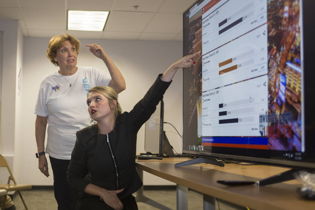 Donna West, the chair for the Clark Country Democratic party, center, stands beside Melanie Sch ...