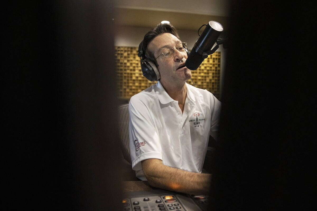 George Lyons broadcasts his radio show "The Lyons' Den" live on KUNV at Greenspun Hal ...