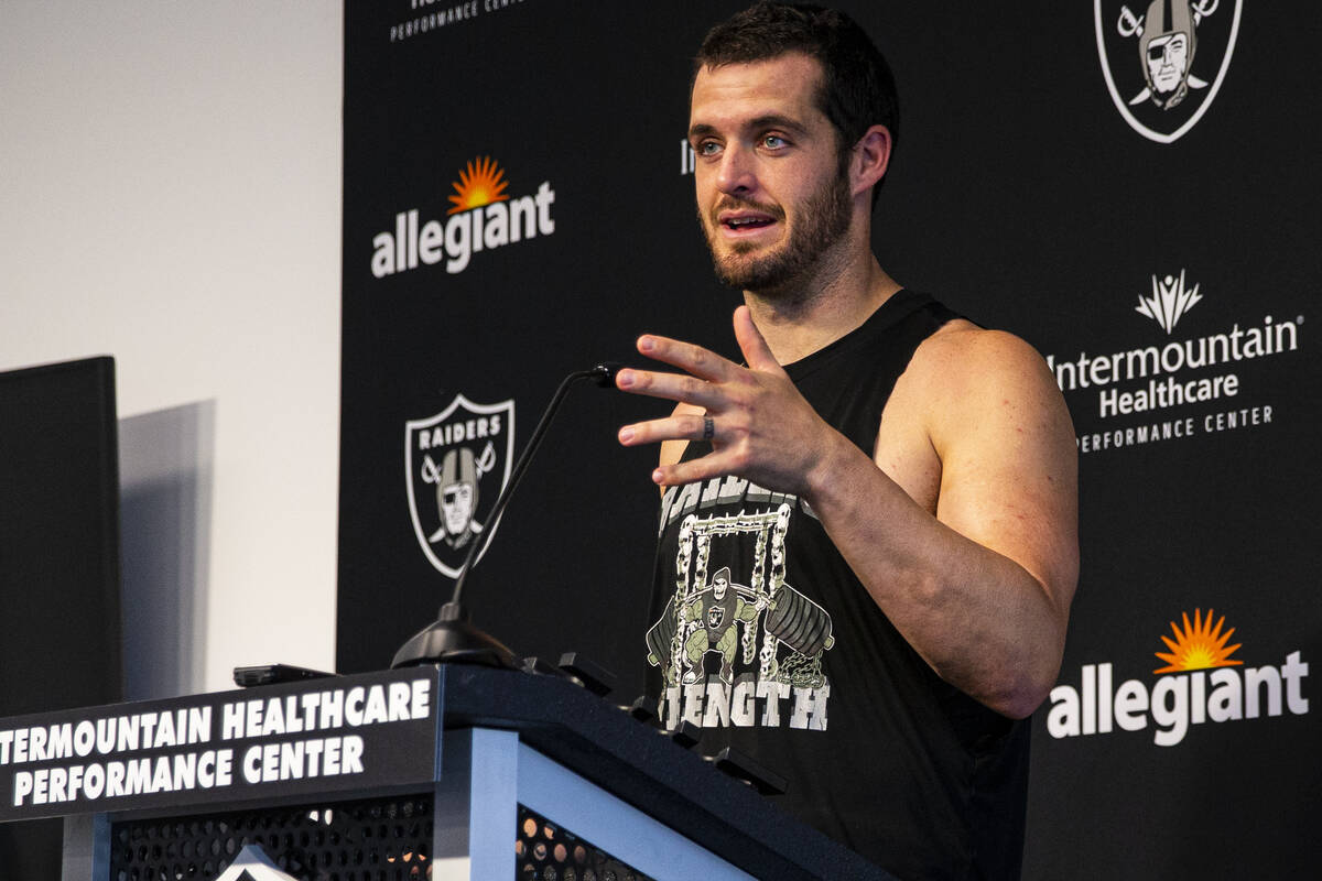 Raiders quarterback Derek Carr responds to questions from members of the media at Raiders Headq ...