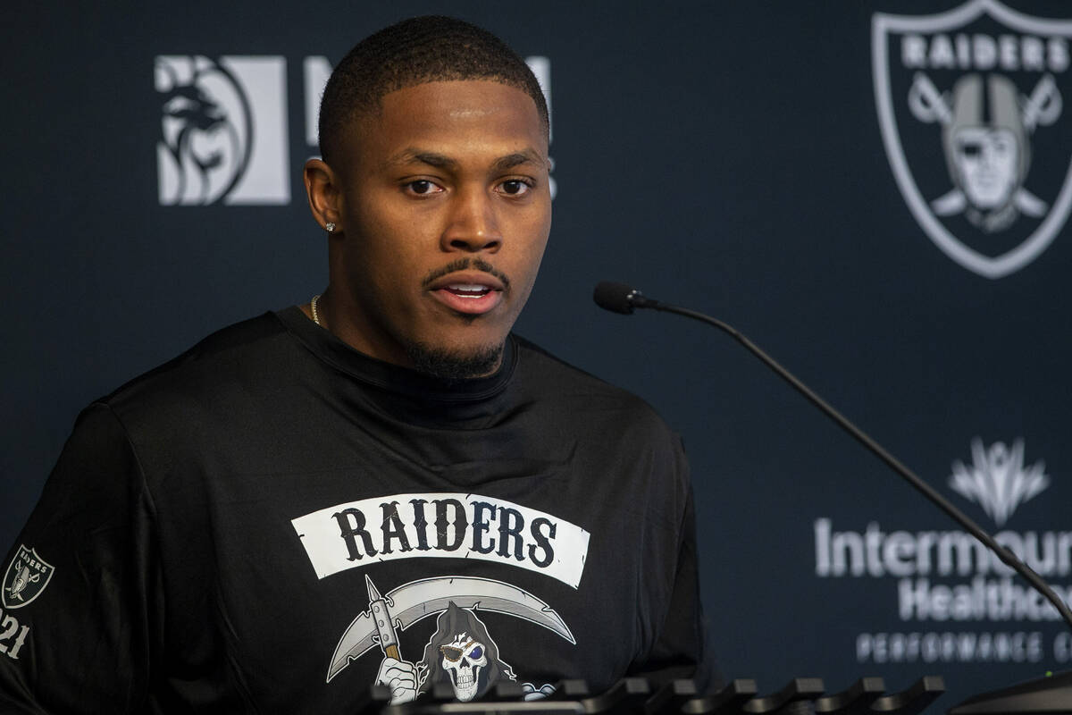 Raiders running back Josh Jacobs answers questions during a news conference at the Raiders Head ...