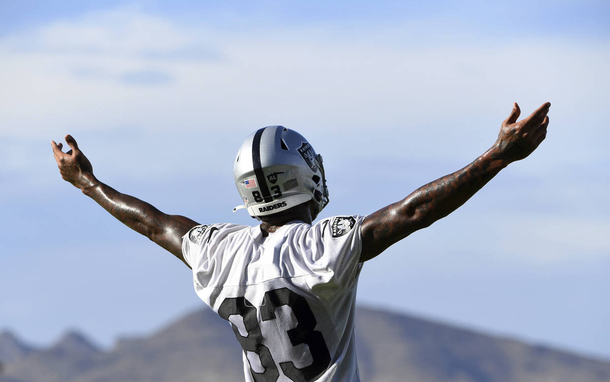 Las Vegas Raiders tight end Darren Waller reacts to teammates during an NFL football practice S ...