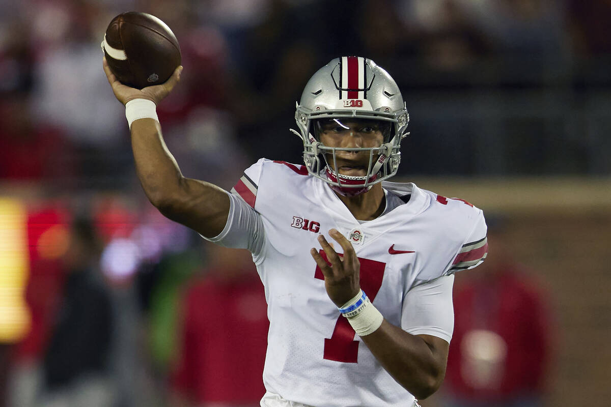 Ohio State Buckeyes quarterback C.J. Stroud (7) during an NCAA football game on Thursday, Sept. ...