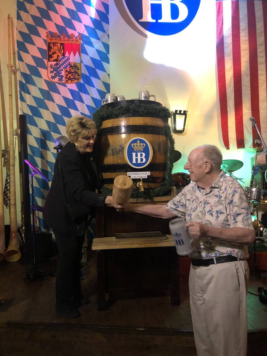 Las Vegas Mayor Carolyn Goodman and Oscar Goodman tap the keg to kick off Oktoberfest at Hofbra ...