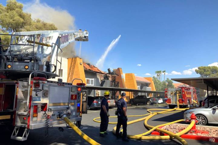 Crews battle a fire Saturday, Sept. 11, 2021, at Sundance Village Apartments on the 6500 block ...