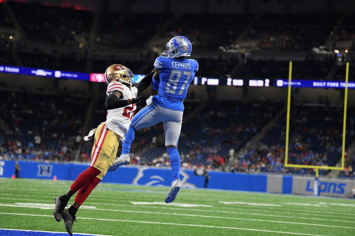 Detroit Lions wide receiver Quintez Cephus (87) catches a touchdown pass as San Francisco 49ers ...