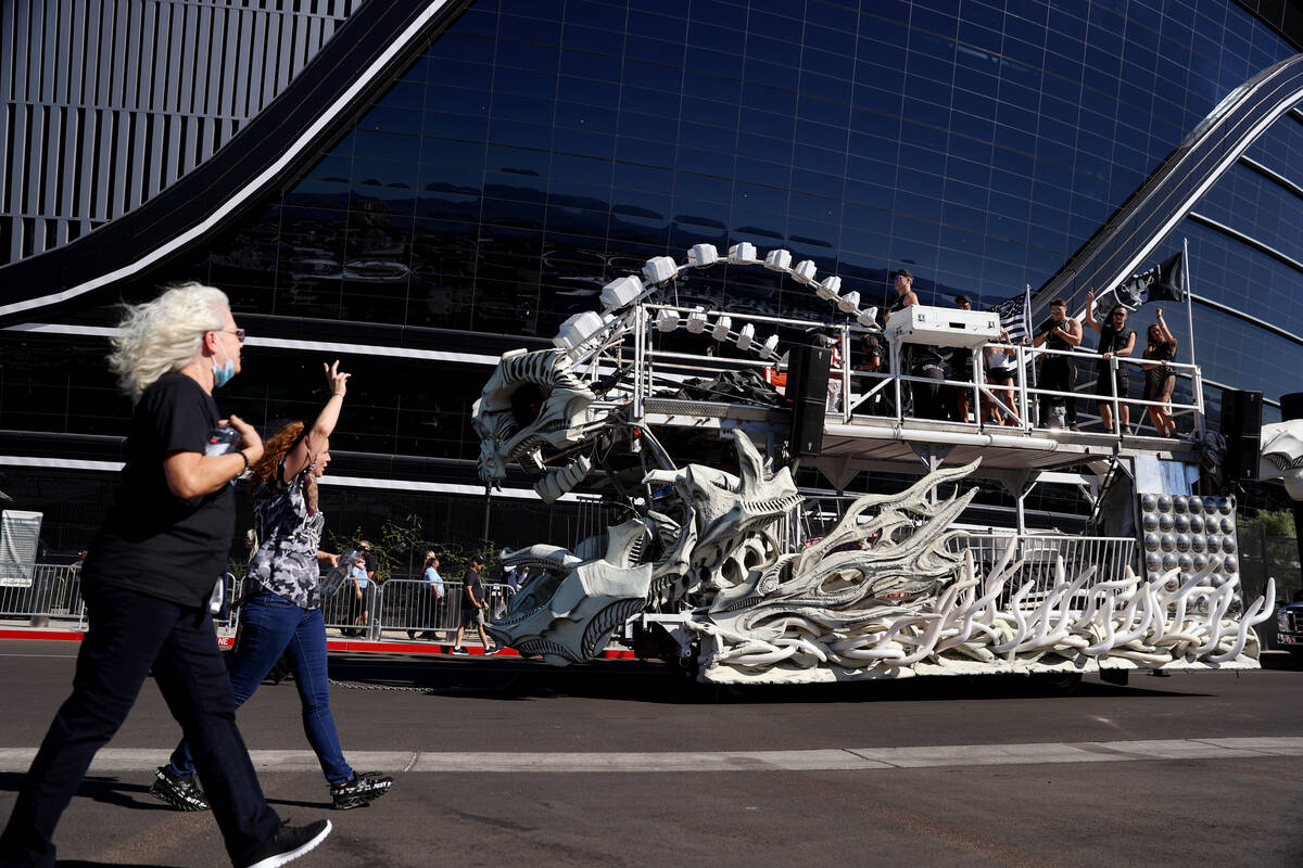 An art car arrives to Allegiant Stadium before the start of an NFL football game between the Ra ...