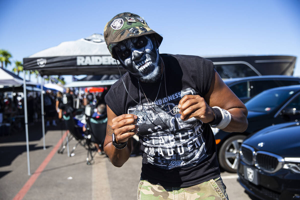 Al Thompson poses for a portrait during a tailgate before an NFL game between the Raiders and t ...