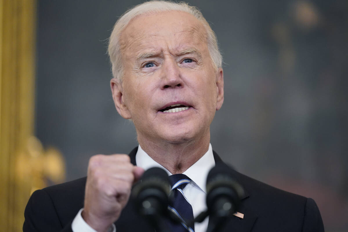 President Joe Biden speaks in the State Dining Room at the White House, Thursday, Sept. 9, 2021 ...