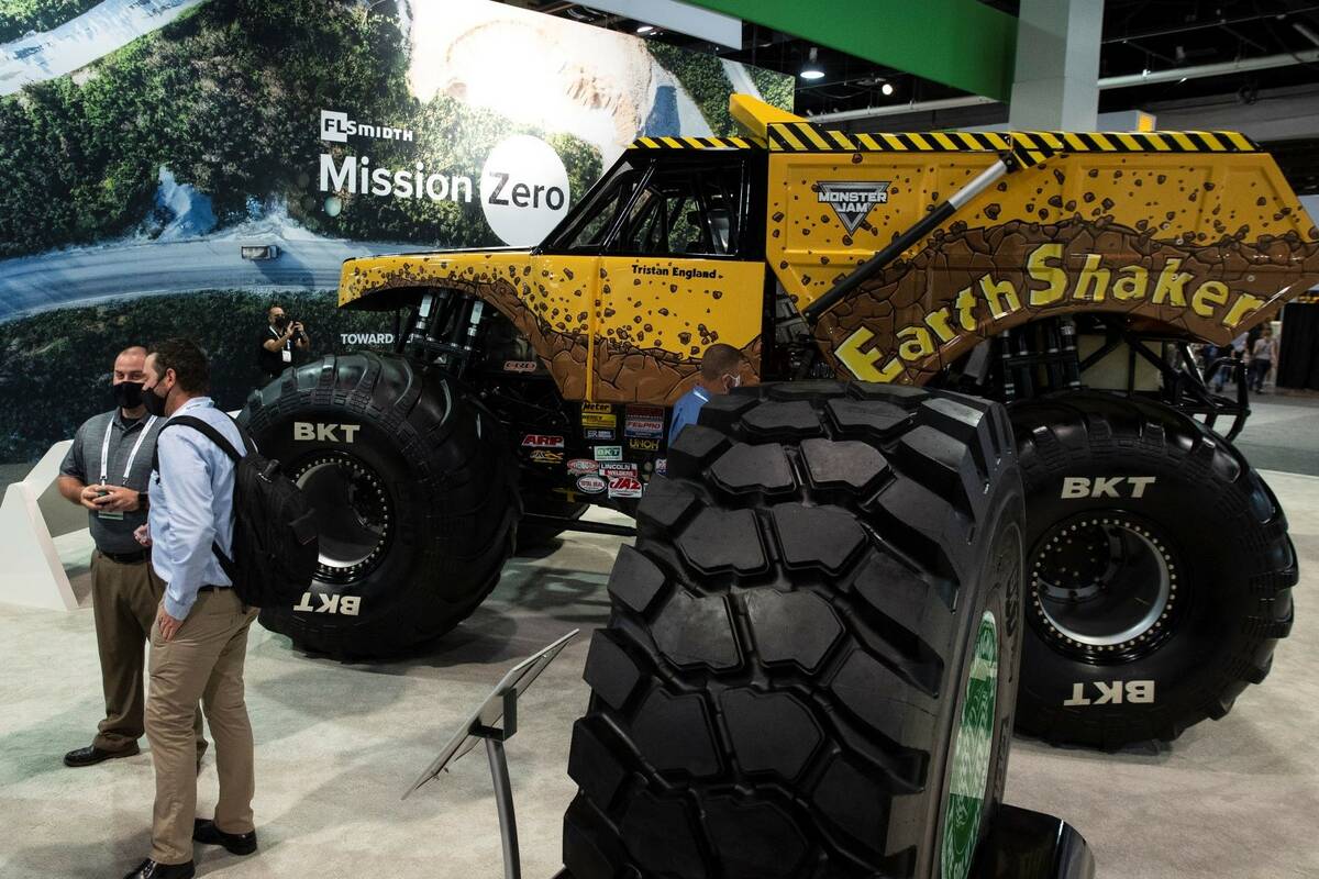 Earthmax SR41 tire is displayed at Earth Shaker booth during the opening day of the National Mi ...