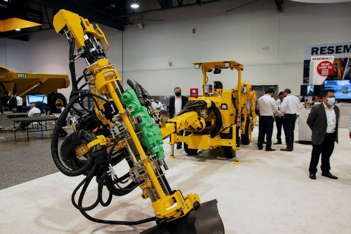 Bolter 99, a drilling machine for underground mining, is displayed during the opening day of th ...