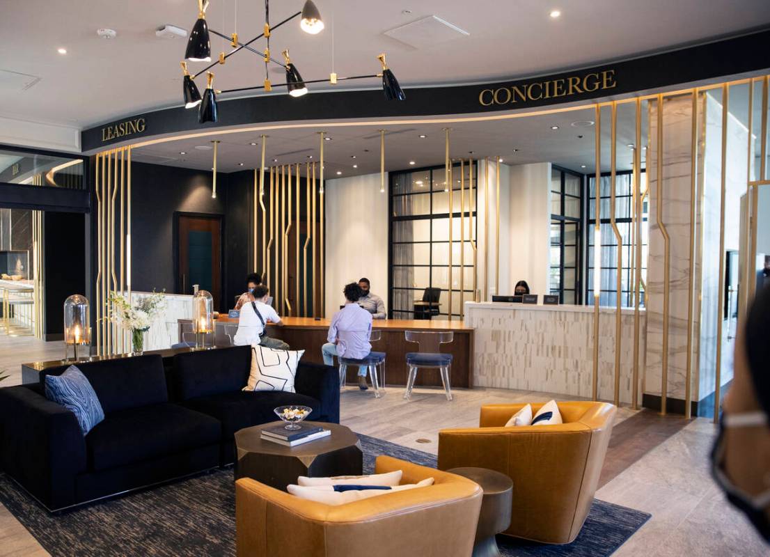 The main lobby at the luxury apartment Auric Symphony Park, the first multifamily residential c ...