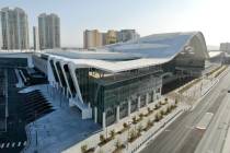 Aerial view of the Las Vegas Convention Center expansion as seen on Tuesday, April 6, 2021. (Mi ...