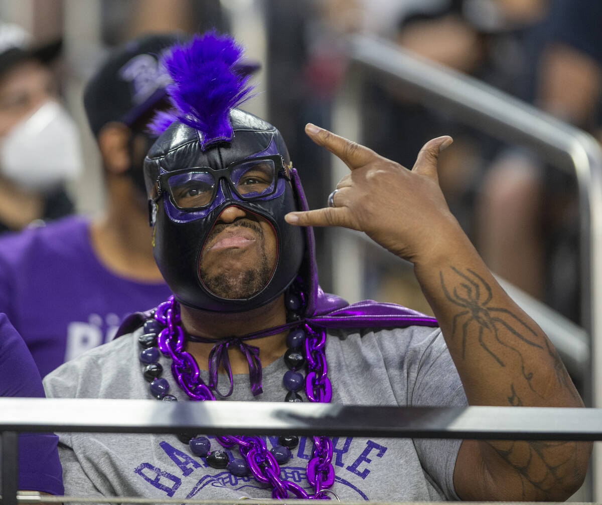 A Baltimore Ravens fan poses during the second quarter of an NFL football game against the Raid ...