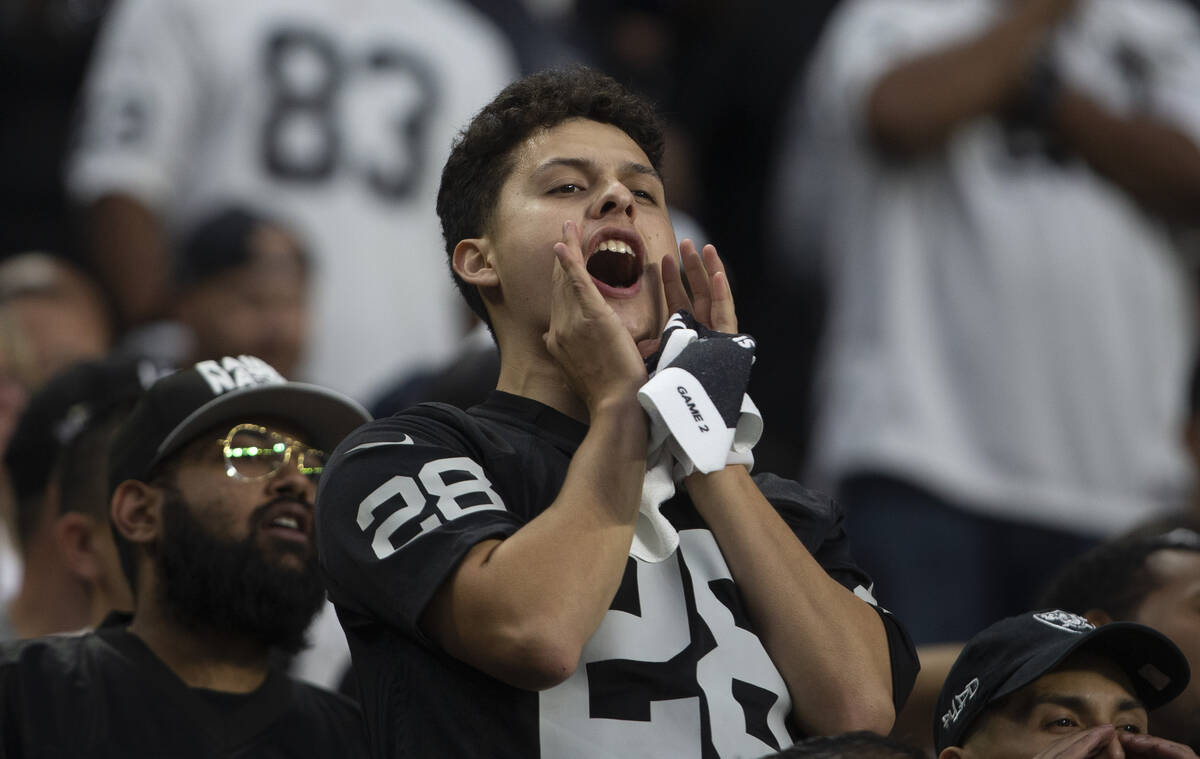 A Raiders fan cheers during the first quarter of an NFL football game against the Baltimore Rav ...