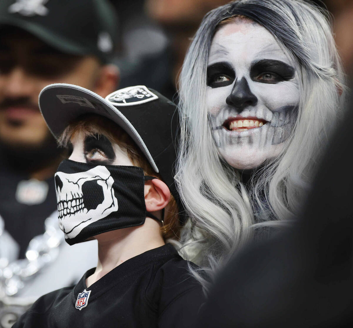 Raiders fans before an NFL football game between the Raiders and Baltimore Ravens at Allegiant ...