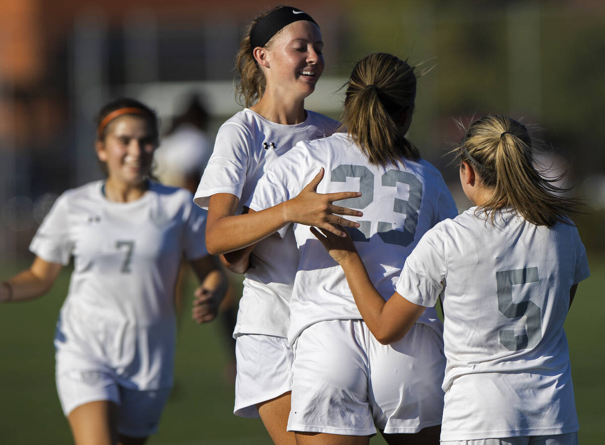 Arbor View players celebrate a goal during a girls high school soccer game against Faith Luther ...