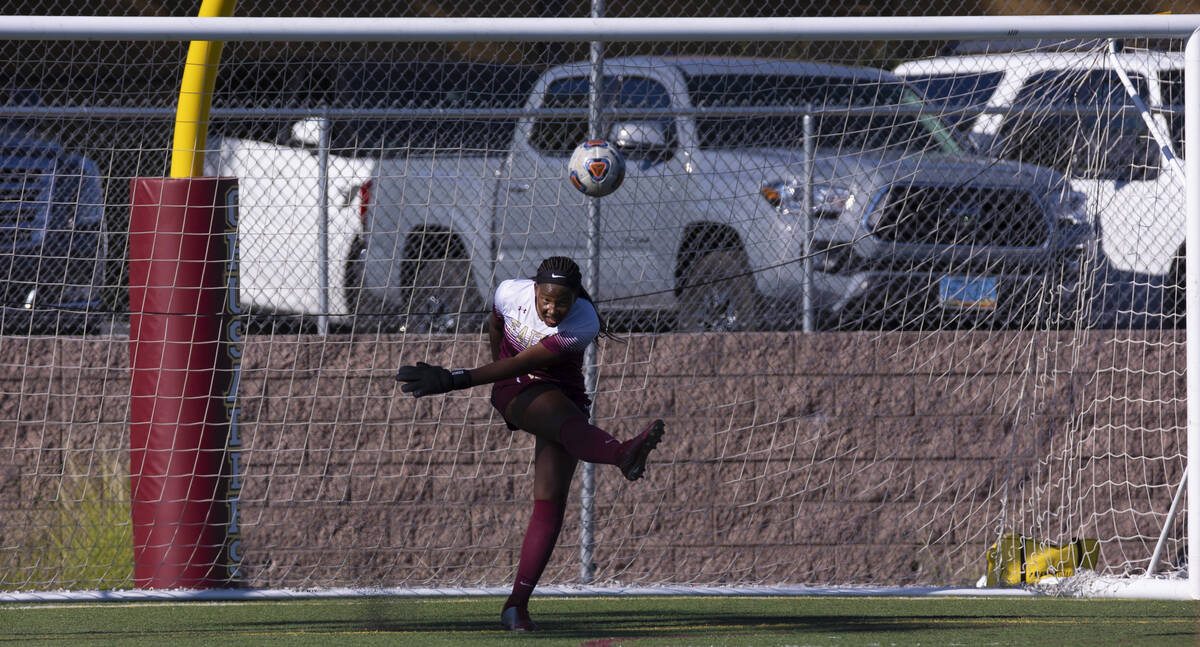 Faith Lutheran’s Jordan Brown (47) makes a goal kick during a girls high school soccer g ...