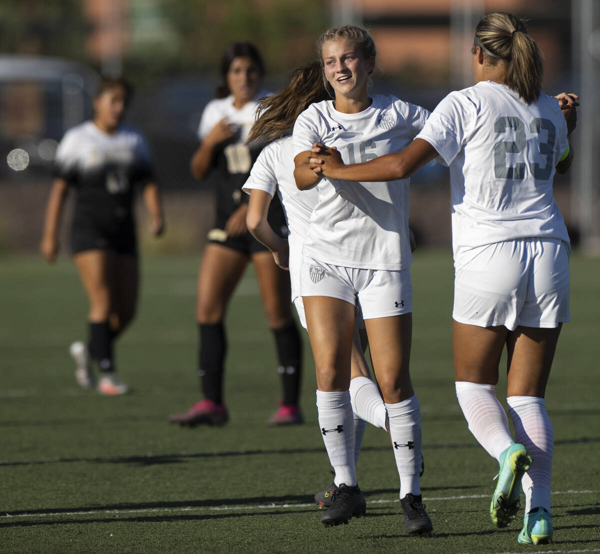 Arbor View’s Isabella Srodes (16) and Tiana Beavers (23) celebrate a goal during a girls ...