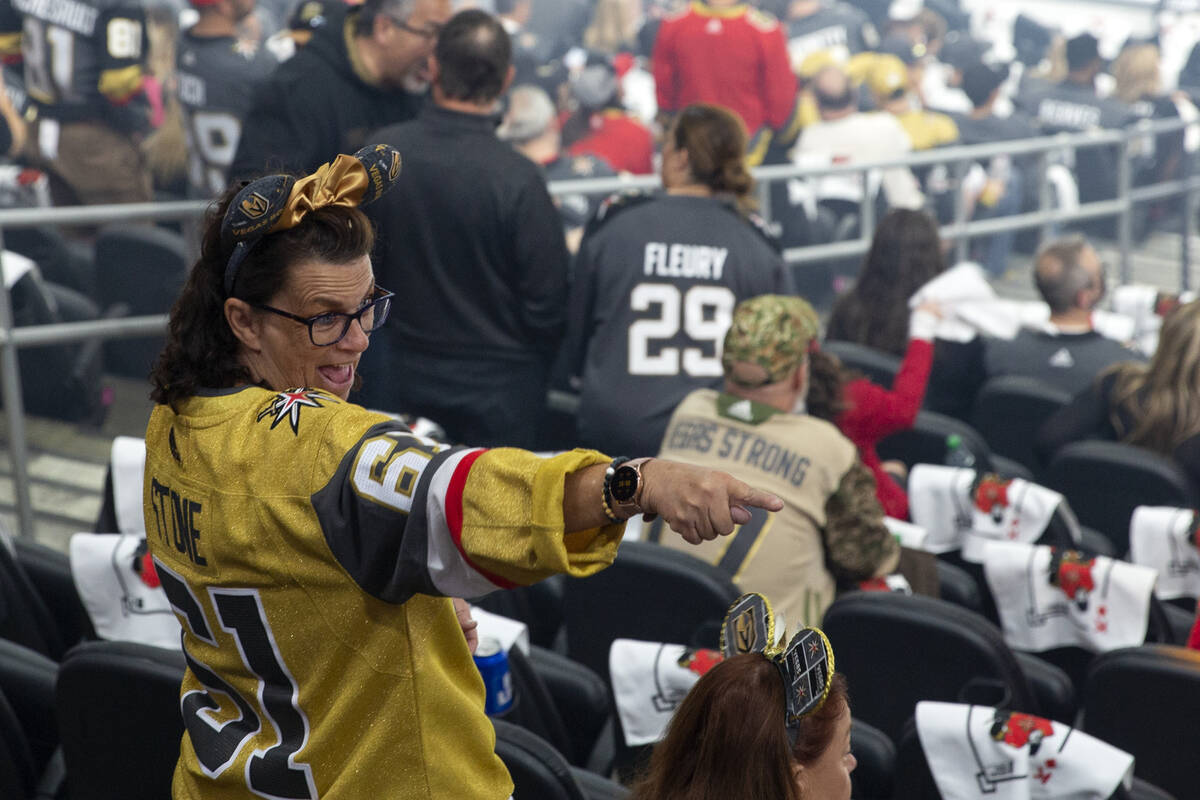 A Golden Knights fan gets excited before Game 5 of an NHL hockey Stanley Cup semifinal playoff ...