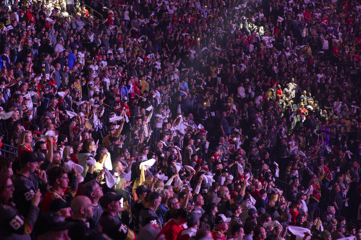 Golden Knights fans fill the stands ahead of Game 5 of an NHL hockey Stanley Cup semifinal play ...