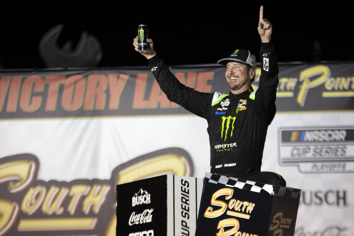 Kurt Busch (1), of Las Vegas, celebrates in Victory Lane after winning a NASCAR Cup Series ...