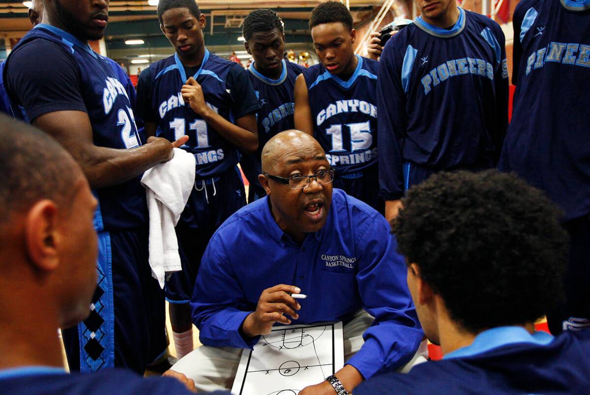 Canyon Springs head coach Freddie Banks talks to his team during a time-out against Valley High ...